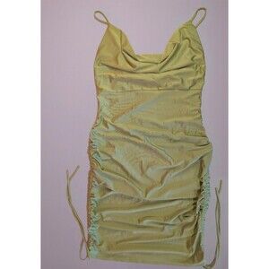 Women's E.L.H. Studio Satin Drape Neck Side Drawstring Dress Green Large